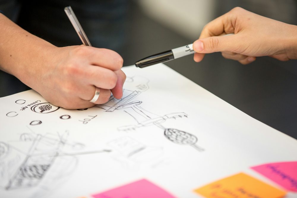 Hände zeichnen auf Papier bei Innovationsworkshop